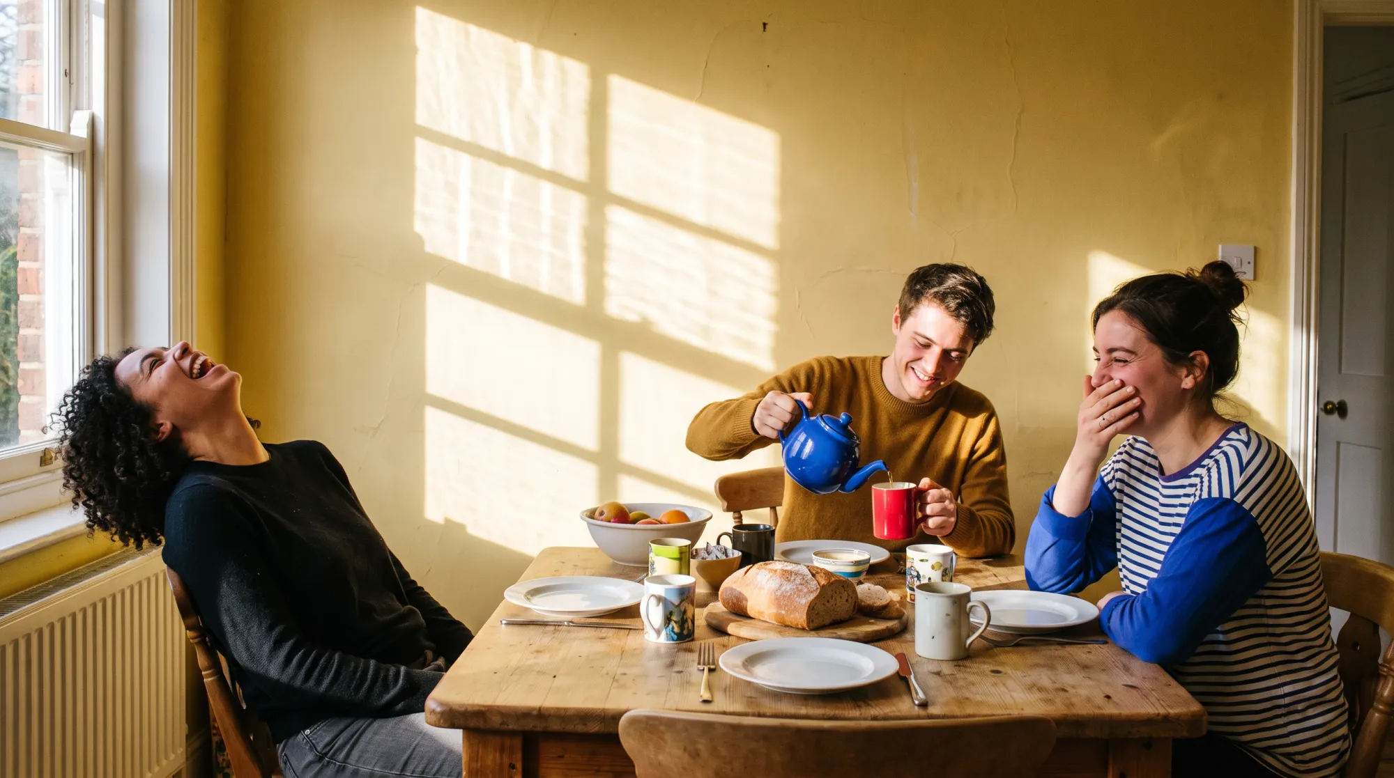 Friends laughing together at home in warm daylight